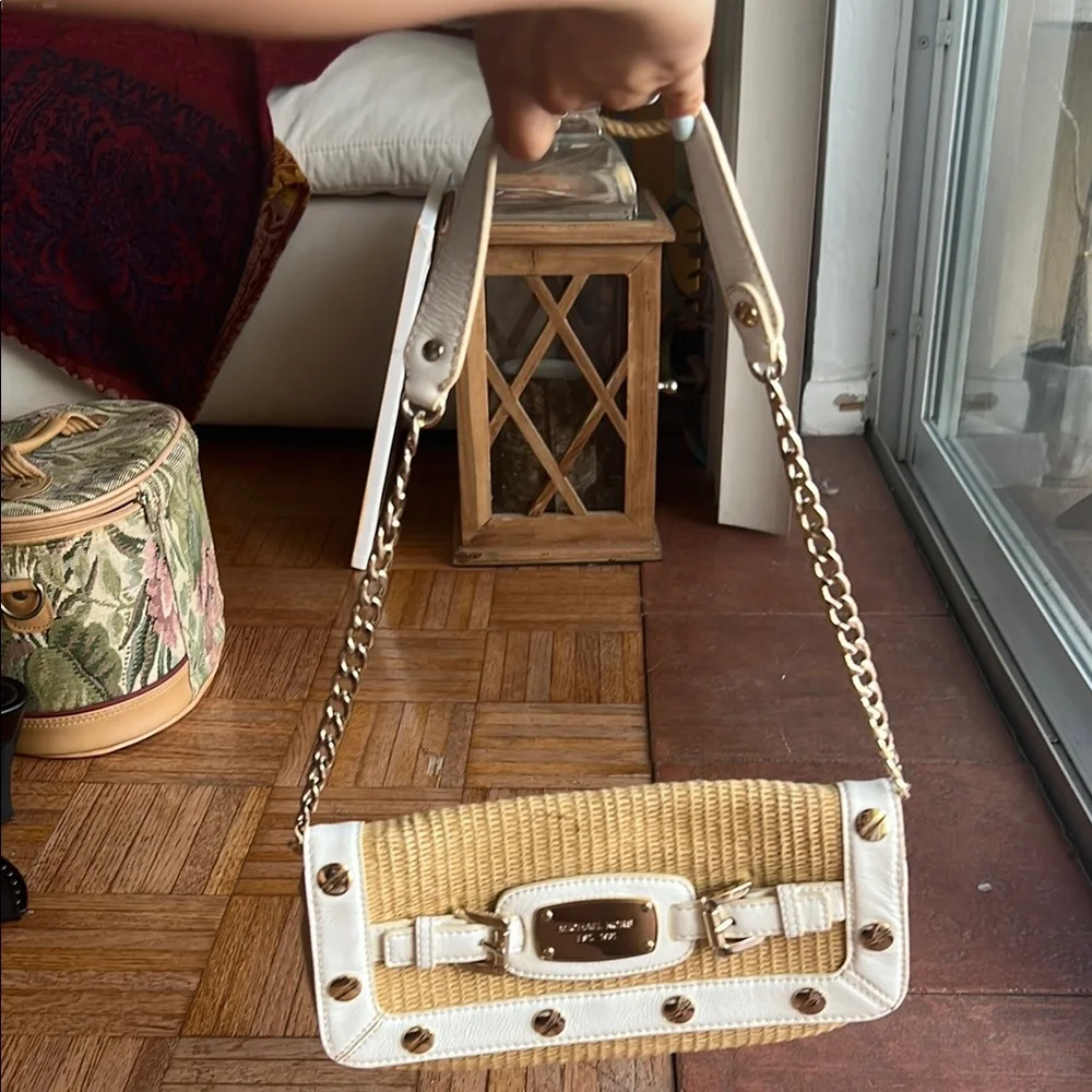 MICHAEL KORS Panama Straw White Leather Straw Woven Clutch Shoulder Y2K Purse - Picture 6 of 7